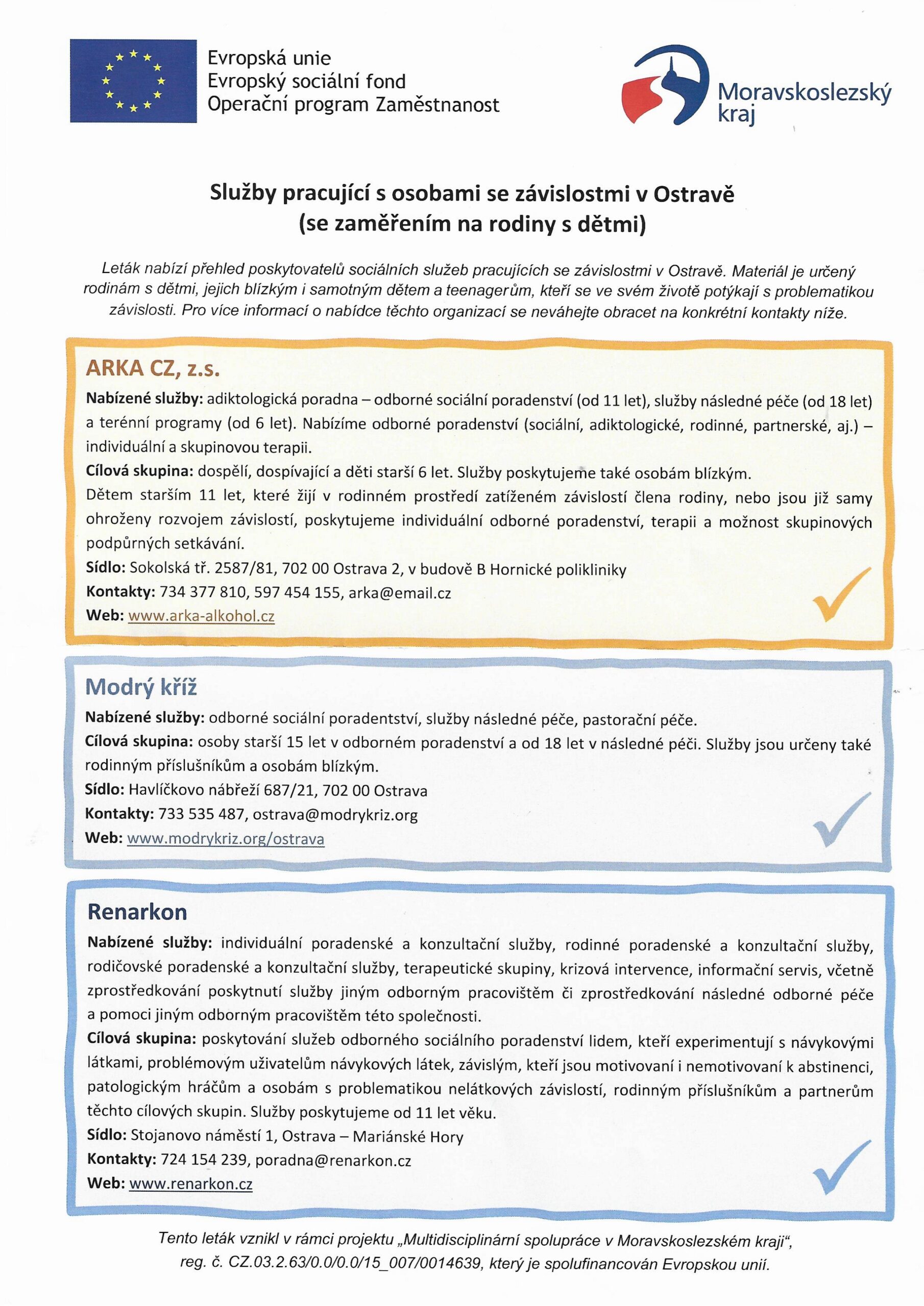 Informační leták Služby pro rodiče se závislostmi v Ostravě