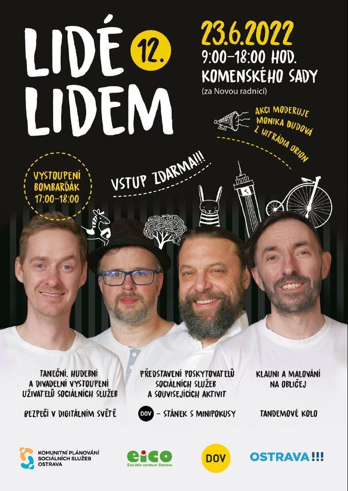 12. ročník přehlídky Lidé lidem, 23. 6. 2022, 9:00-18:00, Komenského sady za Novou radnicí. Prezentace sociálních služeb, kulturní program pro malé i velké. 